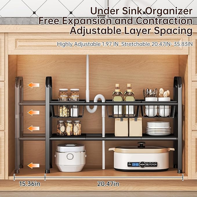 Under Sink Organizer and Storage,2 Tier Expandable Organization and Storage with 4 Panels and 4 Baskets,Cabinet Organizer,Under Sink Shelf,for Kitchen,Bathroom,Laundry Pantry Cabinet,Black
