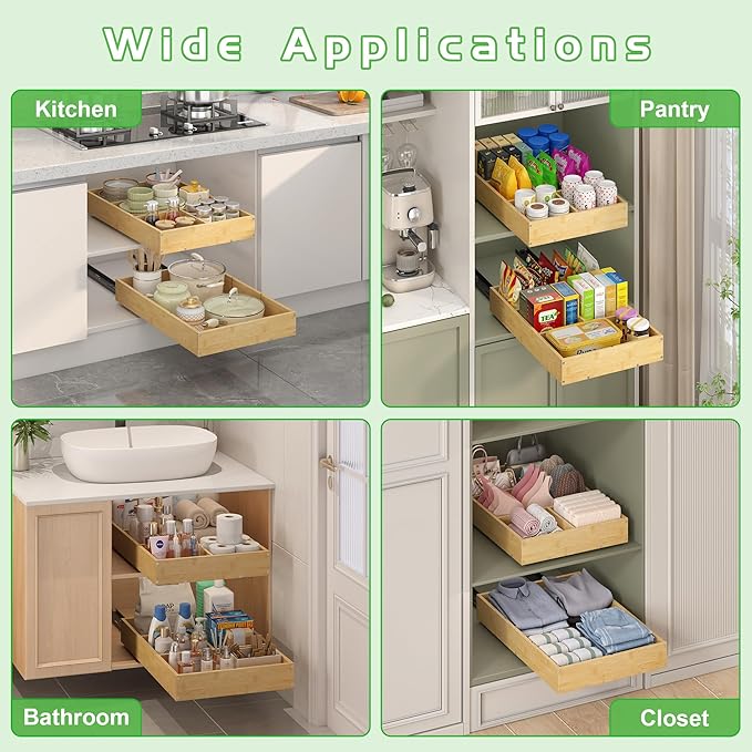 Bamboo Pull Out Cabinet Organizer, 14" W x 21" D No Drill Adhesive Slide Out Drawers, Pull Out Shelves for Kitchen Pantry Bathroom Storage