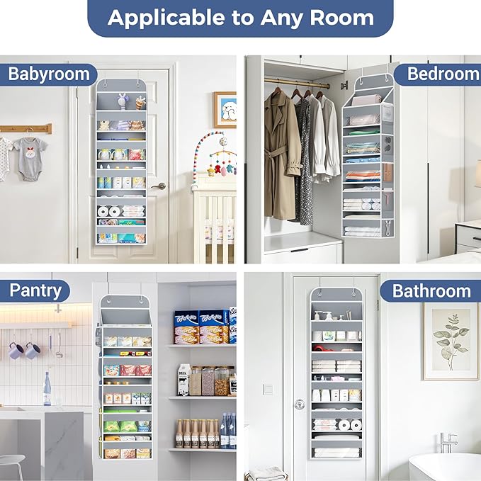 COOLBEBE Over the Door Organizer, 5-Shelf Door Organizer Hanging with10 Side Pockets, 44LB Behind the Door Organizer for Bathroom Bedroom Closet and Baby Essentials (1PC, Grey)