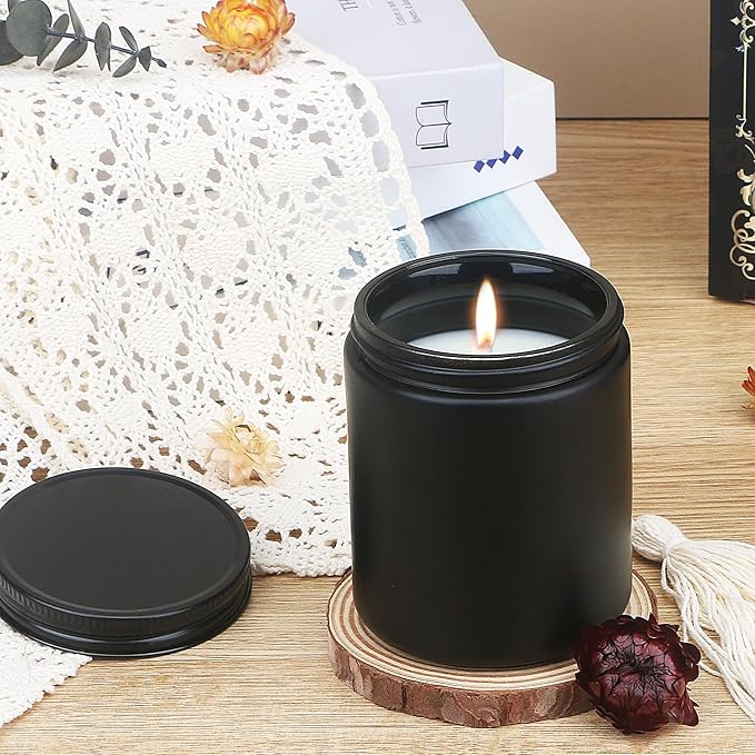 MILIVIXAY 12 Pack 8 OZ Thick Glass Matte Black Candle Jars with All Black Metal Lids-Bulk Empty Candle Jars for Making Candles-Canning Jar for Spice, Liquid, Sample- Dishwasher Safe.