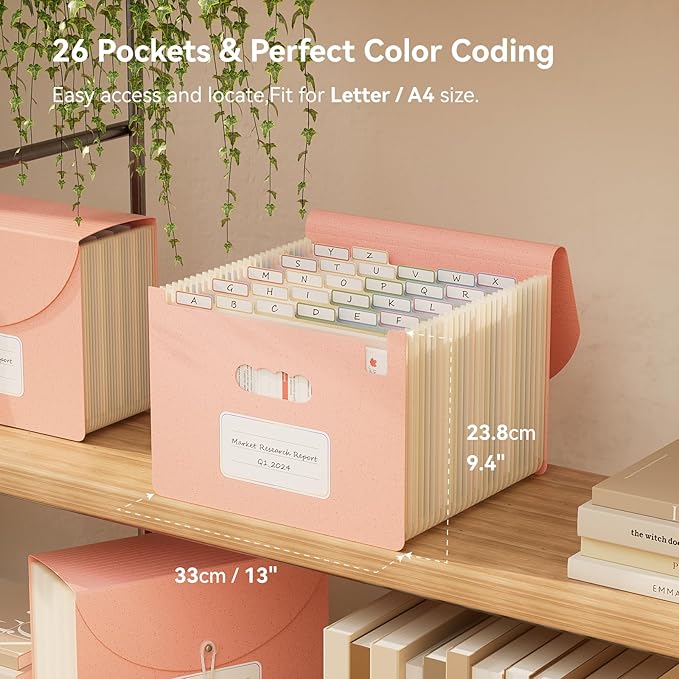 EcoStash Wheat Straw Accordion File Organizer, 26 Pockets Expanding File Folder, Monthly Bill Receipt Organizer with A-Z Tabs, BPA Free, Letter/A4 - Strawberry Pink