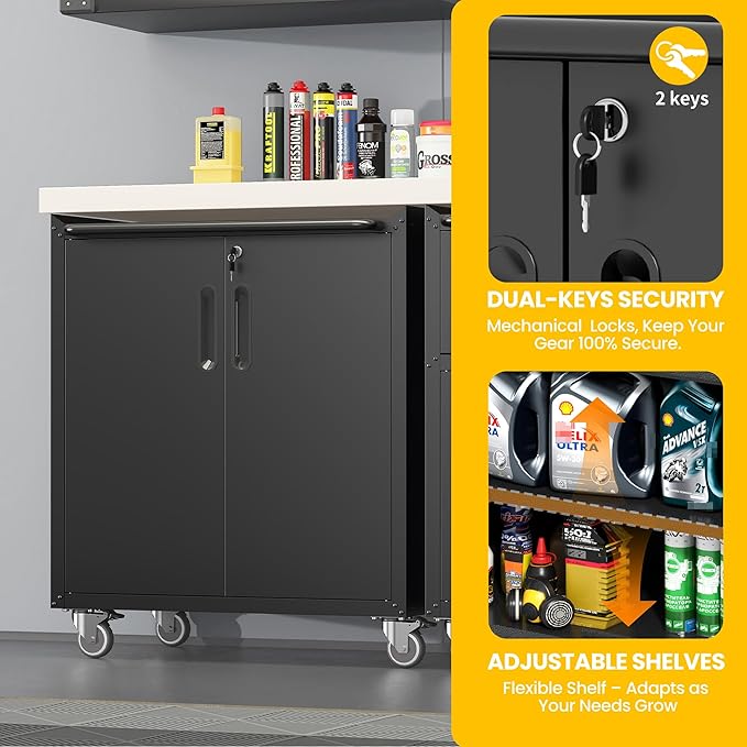 Garage Storage Cabinets with Wheels, Locking Metal Storage Cabinets with Doors and Adjustable Shelves, Easy Assembly Tool Cabinet for Garage,Basement,Warehouse