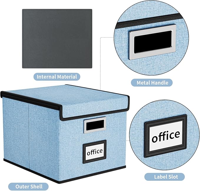 Huolewa File Organizer Box with Lid, Collapsible File Folder Organizer for Office Document Storage, Filing Box with Plastic Slide for Letter Size Hanging File Folders(1 Pack, Powderblue)