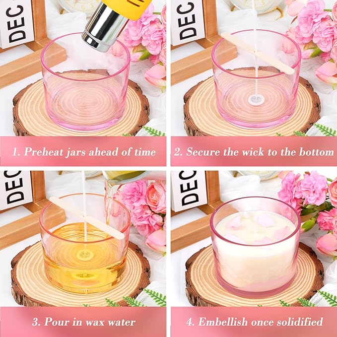 CONNOO 8 Pack 12 OZ Pink Glass Wide Mouth Candle Jars for Making Candles with Airtight Bamboo Lids Nice Sticky Warning Labels for Candle Making Empty Container Bulk - Dishwasher Safe