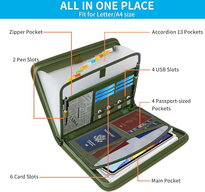Andyer Accordion File Organizer with Lock, Fireproof Expanding File Folder with Tabs, 13 Pockets Important Document Organizer with Handle, Portable Paperwork Business Organizer, Letter/A4-Size (Green)