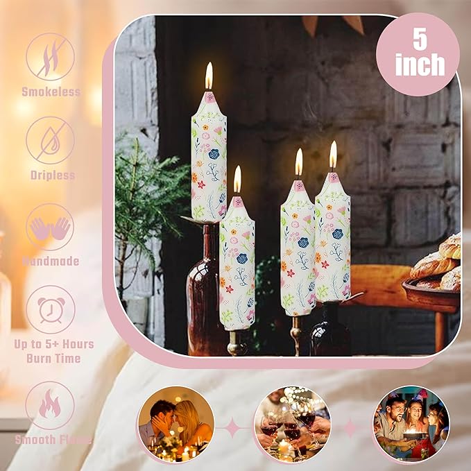 5 inch Short Candle Floral Candle Sticks Printed Candlestick Handmade Unscented Taper Candle 4 Pack Cute Flower Tapered Candles for Home Dinner Wedding Holiday