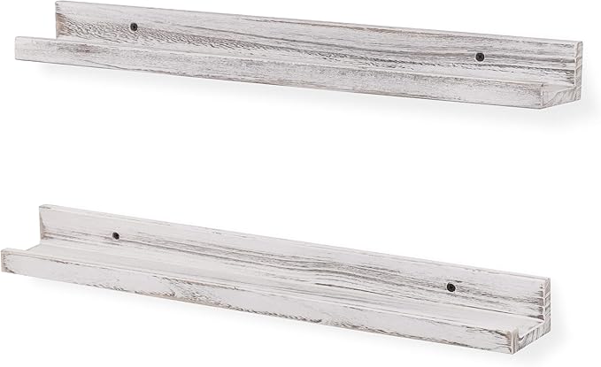 Rustic State Ted 24" Wall Mount Picture Ledge Photo Frame Display - Wooden Floating Shelves for Living Room Office Kitchen Bedroom Bathroom Décor Storage - Distressed White - Set of 2
