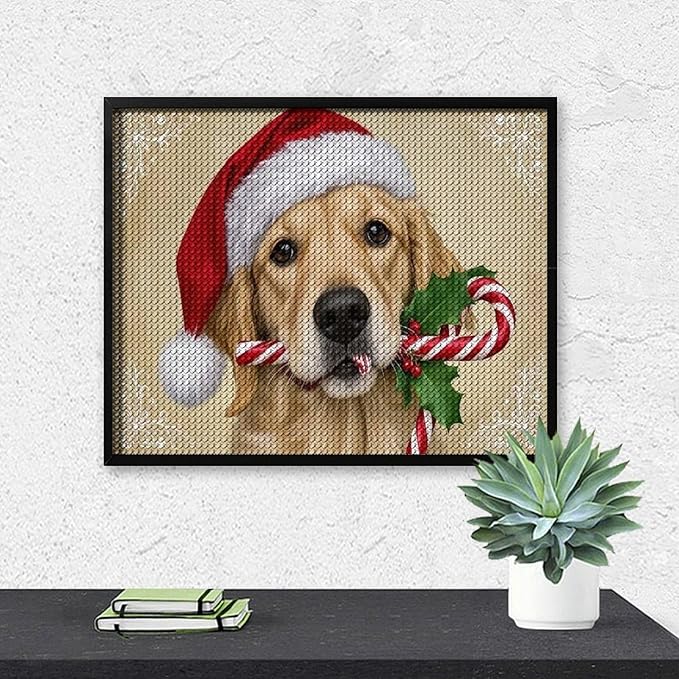 Diamond Painting Kits for Adults - Christmas Golden Retriever Puppy in Santa Hat with Candy Cane Painting DIY 5D Full Drill Diamond Dots Paintings with Diamonds Gem Art And Crafts Home Decor 16"x20"