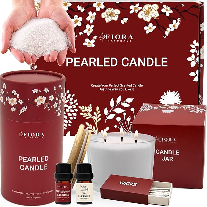 Pearled Candle Sand Mothers Day Gift for Mom, 18oz Sand Wax, 30 Wicks, 2X Natural Fragrance Oils + Large Glass Jar Included, Smoke Free Powder Snow Candles, Upto 120 Hours Burn Time, Candle Making Kit