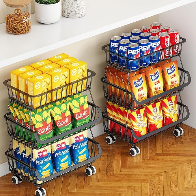 3-Tier Rolling Pantry Cart with Wheels, Stackable Wire Storage Floor Organizer for Kitchen Pantry Snack Shelves, Fruit Basket Stand, Vegetable Storage Rack for Food Snacks Onion Potato, Black, 2 Pack