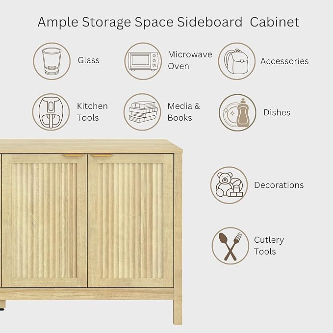 ELISA HOME Lagoon Large Buffet Sideboard Cabinet with Storages, 57.9" Modern Buffet Table Dining Room Cabinet Coffee Bar Storage with 4 Doors for Dining Room, Living Room, Hallway, Oak