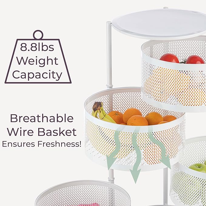 Home-Complete Kitchen Storage Rolling Cart with Wheels - 5 Tier Rotating Fruit and Vegetable Baskets for Kitchen Organization and Storage - Metal Cart for Pantry, Bathroom, or Craft Room (White)