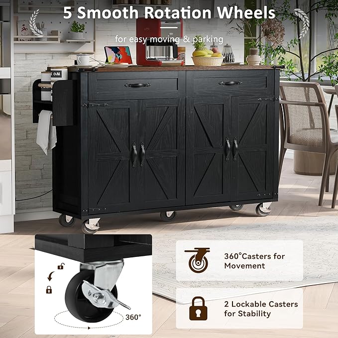 Amposei Farmhouse Rolling Kitchen Island with Power Outlet, Drop Leaf Breakfast Bar, Wooden Mobile Storage Island Cart on Wheels with Drawers, Spice Rack for Kitchen Dining Room (Black)