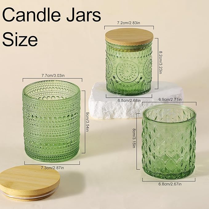 DARJEN 12 Pack Green Candle Jars for Making Candles- 3 Styles Glass Candle Making Jars Bulk with Bamboo Lids and Labels, Candle Making Supplies Candle Vessels for Home Decor