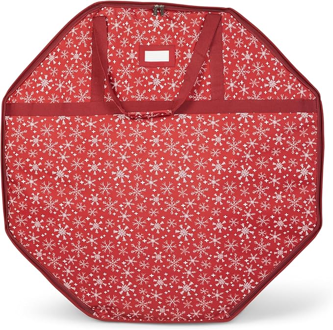 Covermates Keepsakes Deluxe Wreath Storage Bag – Heavy-Duty Polyester with Buckle Strap & Structured Interior – Protective Holiday Organizer with Handles, D-Ring & Label Window, Red Snowflake