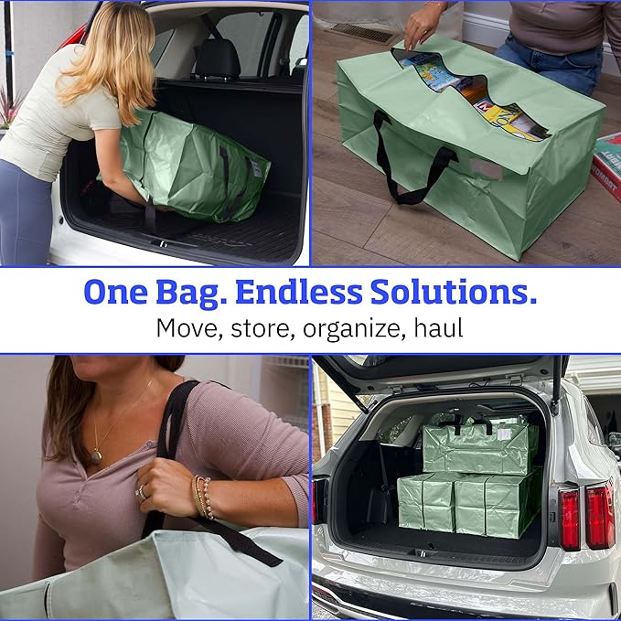 DURASACK Heavy Duty Moving Bag Storage Container Duffle Bag with Zipper, Reinforced Carry Straps and Backpack Straps, Made of Rugged Woven Polypropylene, Pack of 4, Sage