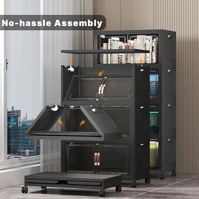 Stackable Storage Bins with Lids & Wheels & Door, Foldable Collapsible Closet Organizers, Extra Large Plastic Storage Drawers for Bedroom Dorm Office Garage (Dark-55qt, 8Pack with 2 top lids)