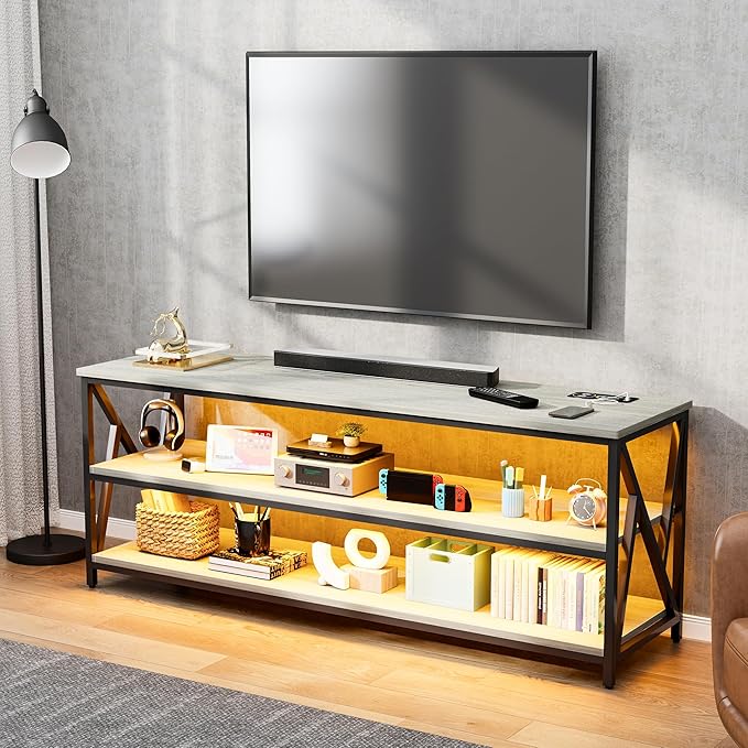 Lvifur RGB TV Stand up to 65''Televisions, TV Console Table with Wireless Charging Station,Entertainment Center with Human Body Sensor and Storage Shelves for Living Room，Bedroom(Oak)