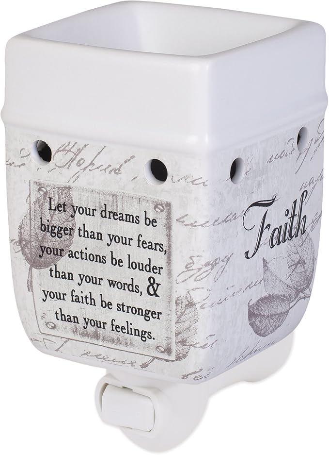 Elanze Designs Dream Bigger Actions Louder Faith Stronger Grey Leaves White Ceramic Stone Plug-in Warmer