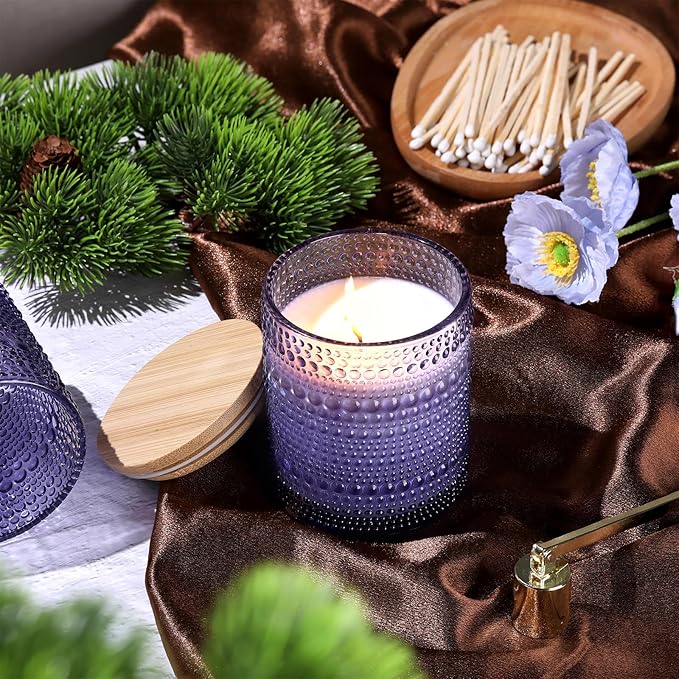 DEVI 14oz Purple Glass Candle Jars for Making Candles (6 Pack), Large Purple Glass Candle Jars with Bamboo Lids, Bulk Empty Candle Containers, Candle Tins Making Supplies, Lavender Office Decor