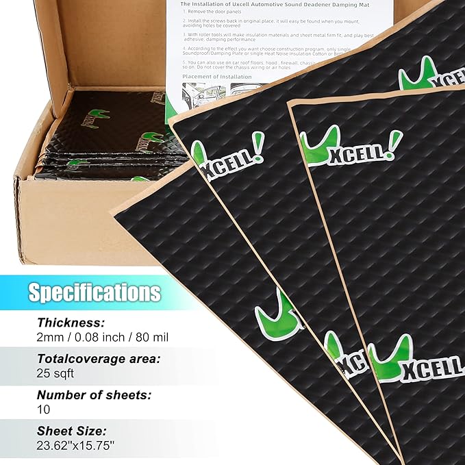 uxcell 10pcs 80mil 25sqft Car Sound Deadener Heat Insulation Mat Butyl Pad Damping Self Adhesive Deadening Material Door Roof Automobile Sound Barrier Black
