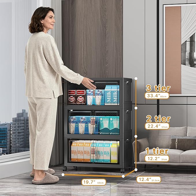 Stackable Storage Bins with Lids, Closet Organizers and Storage with Doors and Wheels, Extra Large Storage Cabinet for Bedroom Office Garage (Dark-55qt, 3Pack with 1 top lid)