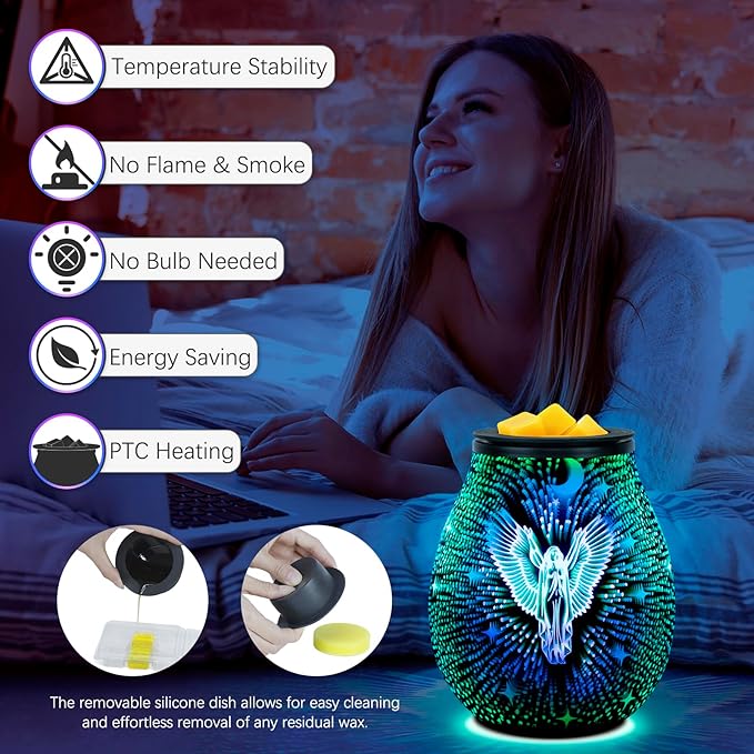 EQUSUPRO Wax Melt Warmer Wax Melter Wax Burner for Scented Wax Melts Electric Fragrance Warmer for Wax Cubes & Tarts, Vivid 3D Design 7 Colors LED Light Gift & Decor for Home Office (3D Angel)