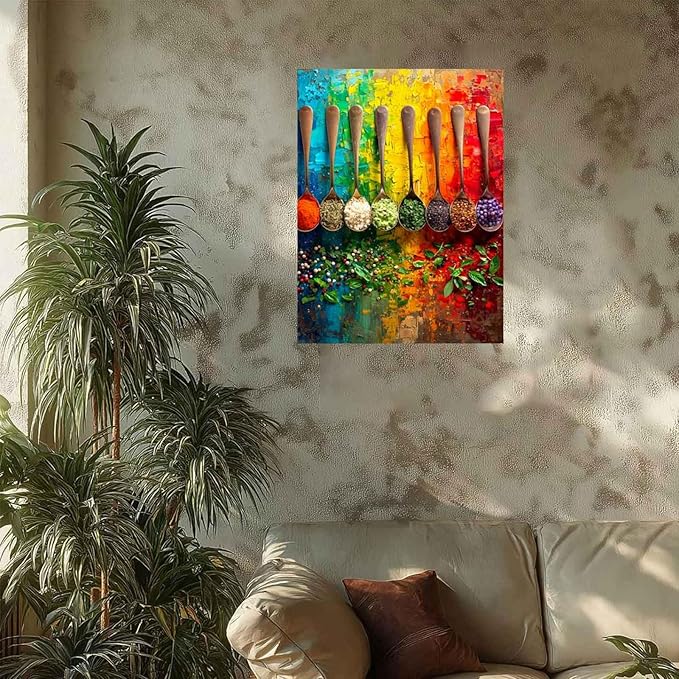 Rainbow Spices on Spoons Paint by Numbers for Adults, Kitchen Food Art DIY Painting Kit, Colorful Wall Decor 24 Colors 16x20 inch Framed