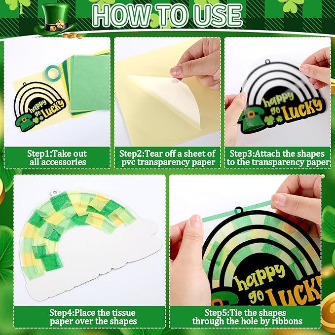 Qyeahkj 36 Set St. Patrick's Day Rainbow Suncatchers Crafts for DIY Lucky Rainbow Shamrock Window Tissue Paper Craft Kit Hanging Decor for Home Activity Art Project Birthday Party Favor