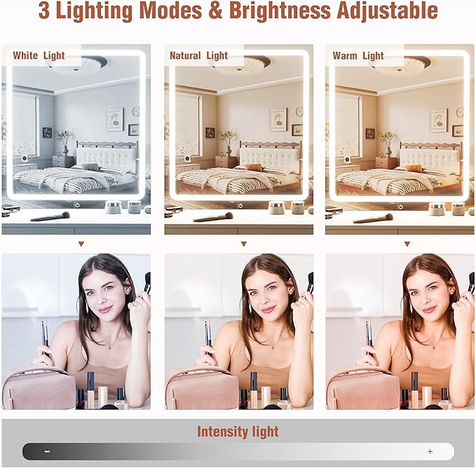 YIKEHOME Makeup Vanity Desk with Mirror and Lights, Makeup Table with 2 Large Drawers, 3 Color Modes Adjustable Bulb, Power Outlet and Round Holder, Dressing Table for Women Girls Bedroom
