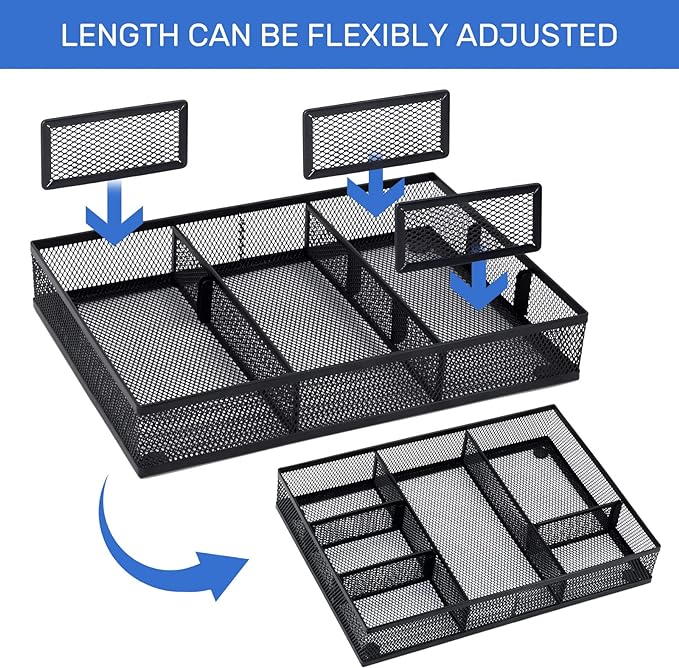 Neudeco Desk Drawer Organizer with 6 Adjustable Dividers, Metal Mesh Pen Organizer for Desk Drawer, Office Supplies Tray (Pack of 4, Black)