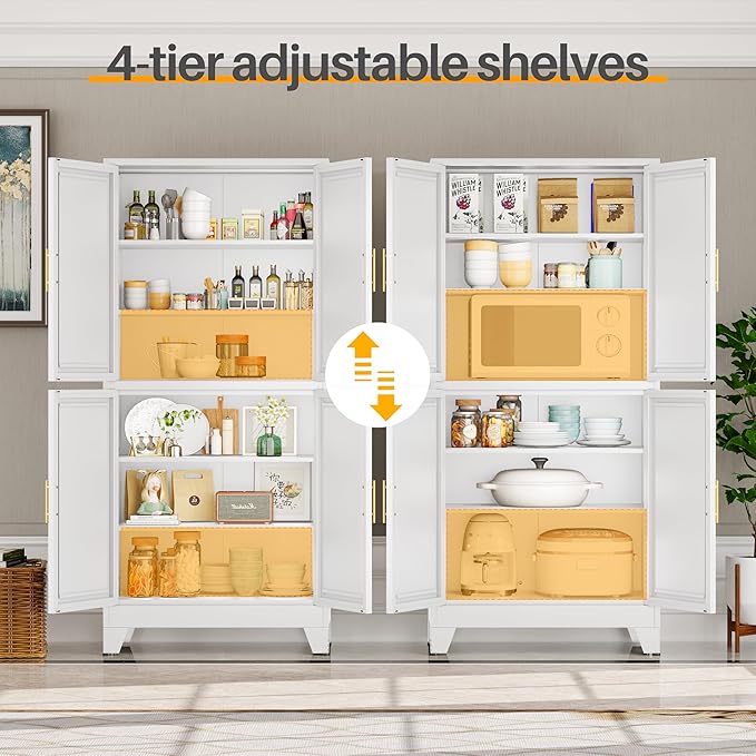 75" H Tall Kitchen Pantry Cabinet, Pantry Storage with Doors and 3 Adjustable Shelves, Metal Storage, Cupboard for Kitchen, White