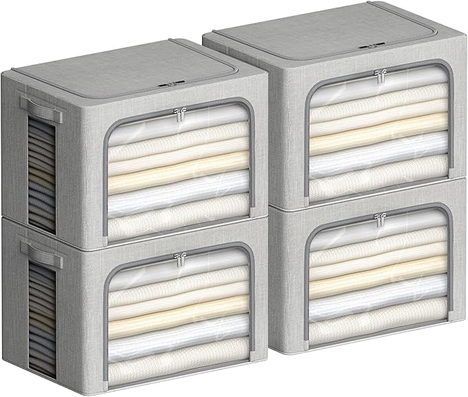 CYhom 4 Pack Clothes Storage Bins with Metal Frame - Linen Fabric Foldable Stackable Container Organizer Set with Clear Window & Carry Handles & Zippers (Light Grey, 23.6"x16.5"x15.7")