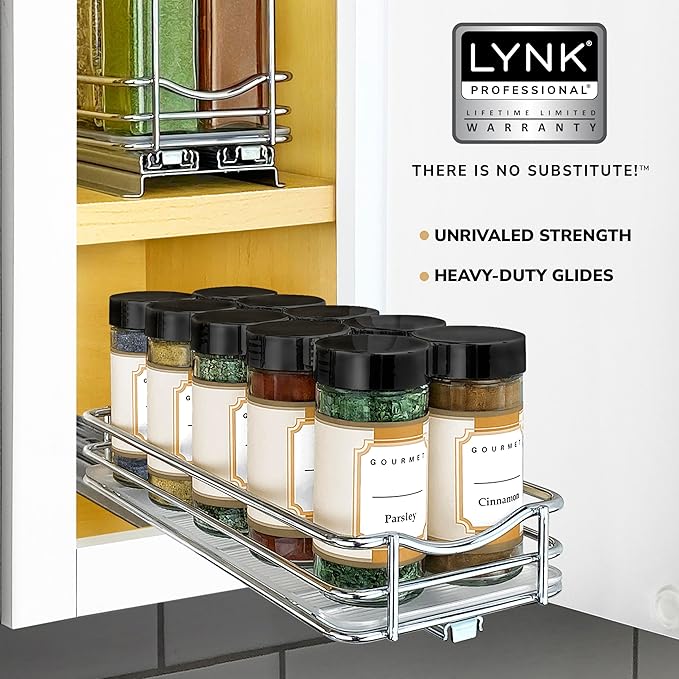 LYNK PROFESSIONAL® Pull Out Spice Rack Organizer for Inside Kitchen Cabinets - 4-3/8 inch Wide - Slide Out Drawer – Chrome Sliding Spice Organization for cabinet - Spice Racks - 1 Tier