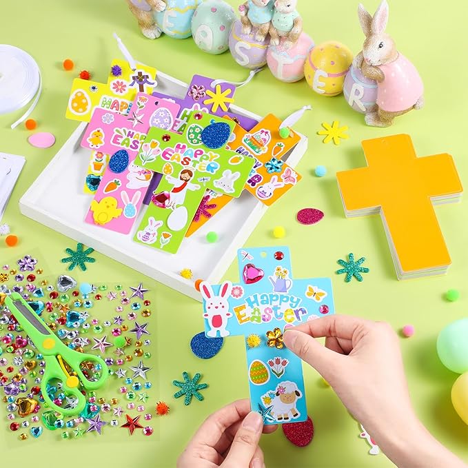 Funrous 48 Sets Easter Religious Crafts Bulk Cross Paper Crafts DIY Easter Eggs Bunny Jesus Christian Hanging Ornaments Arts with Stickers Pompoms for Sunday School VBS Classroom Spring Activities