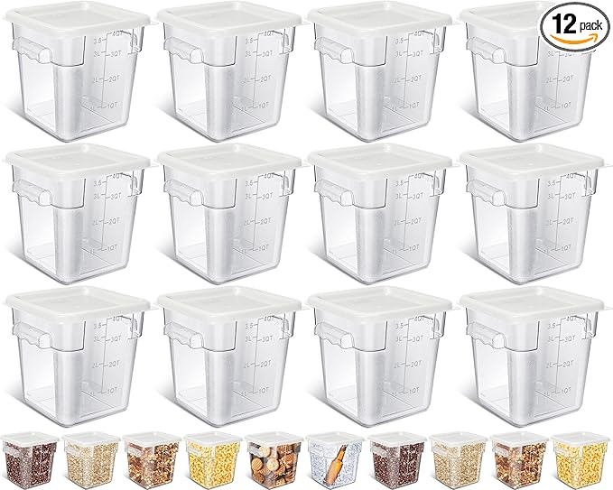 Yungyan 12 Pcs 4 Qt Commercial Food Storage Containers with Lids Restaurant Square Airtight Food Storage Containers Clear Cereal Container for Kitchen Freezer Dishwasher Pantry (White Lid)