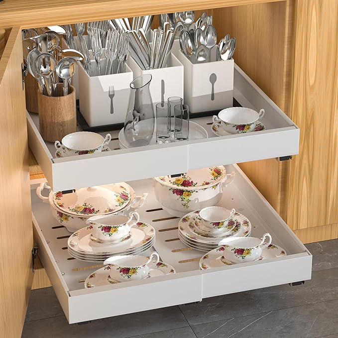 DEKAVA 2 Pack Pull Out Cabinet Organizer Expandable, Adhesive with Nano Film, Pull Out Drawers for Cabinets in Kitchen, Pantry or Bathroom (White, 21"DEEPX[12"-20'']Width-2PACK)