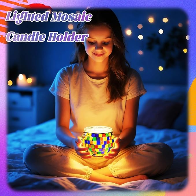 Joyclub DIY Mosaic Candle Holder Kit Mosaic Kits for Adults Stained Glass Tealight Candle Holder for Home Lighting Decor Girls Birthday Craft Gifts