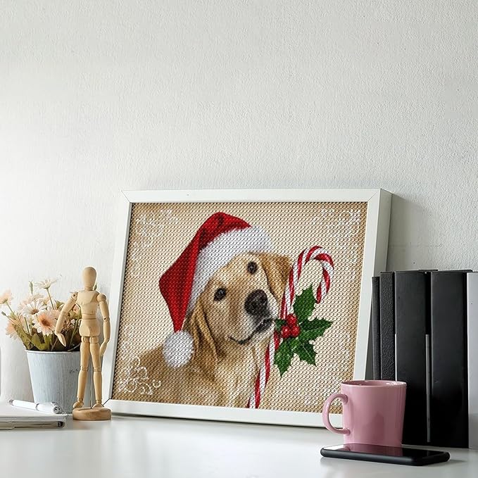 Diamond Painting Kits for Adults - Christmas Golden Retriever Puppy in Santa Hat with Candy Cane Painting DIY 5D Full Drill Diamond Dots Paintings with Diamonds Gem Art And Crafts Home Decor 12"x16"