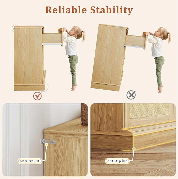 HUAHUU 9 Drawer Dresser for Bedroom, 60 Inch Long Dressers & Rattan Chest of Drawers, Large TV Stand for 55, 65, 70 Inch TV, Boho Style, Modern Dresser for, Living Room, Entryway, Bedroom, Natural Oak