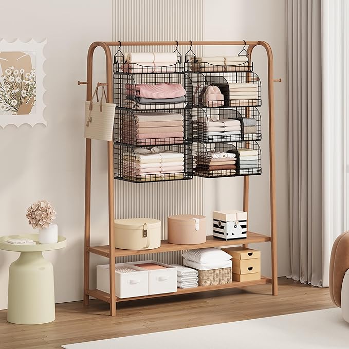 SWTYMIKI Hanging Closet Organizer Storage - 4 Tier Metal Stackable Hanging Closet Shelves with Dividers and S Hooks, Foldable Clothes Shelves for Clothes, Pants, Shoes, Coat, Hats Clutches Accessories