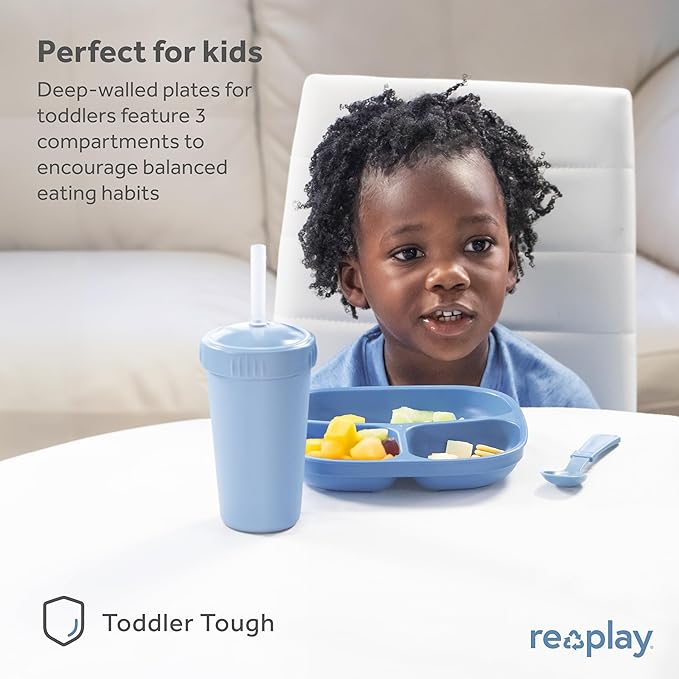 Re-Play Toddler Plates with Dividers - Deep-Walled 3 Compartments Divided Plates for Kids - Dishwasher & Microwave Safe - Made in USA - Set of 4-7.37" x 7.37" x 1.25" - Christmas