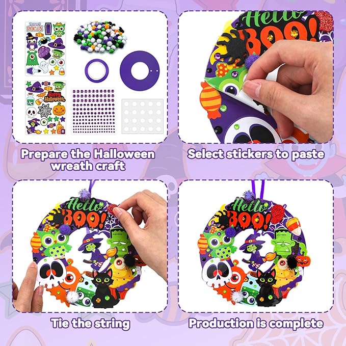 Hollowfly 48 Sets Halloween Wreath Craft Kits for Kids Foam Halloween Wreath Signs Craft Pumpkins Owl Ghost Witch Bats Monster Ornament Decorations Stickers for Art Favors Trick-or-treaters Door Decor
