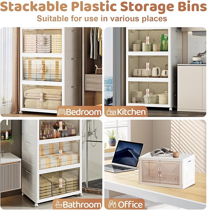Storage Bins with Lid 76QT, Stackable Storage Containers with Wheels and Magnetic Doors, Plastic Clothes Closet Organizers and Storage Box for Home and Office (3 Pack)