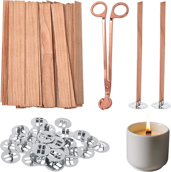 200 Pcs Wood Wicks for Candles Making, DIY Candle Wicks for Candle Making with Wick Trimmer, Replace Wooden Chip Lighter Wicks Holders, Natural Himemade Kit Functional Smokeless Long Lasting Flame