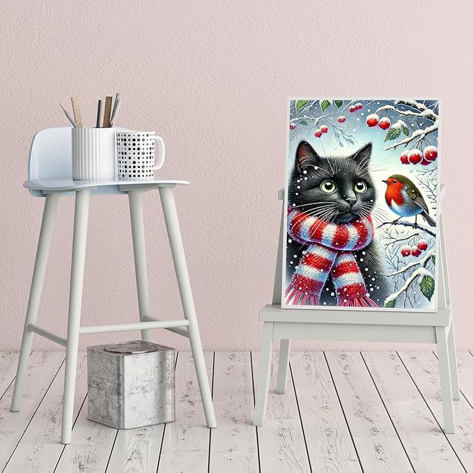 Winter Diamond Painting Kits for Adults Beginners,DIY Cat Hummingbird Diamond Art,5D Full Round Drill Diamond Dot Gem Art Kits,Home Wall Decor 12x16 Inch