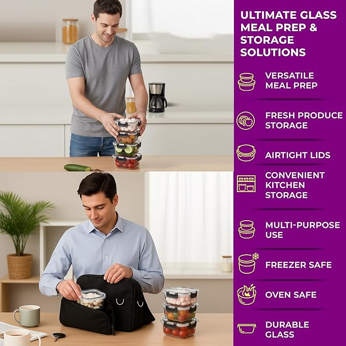 Glass Food Storage Containers Bowls with Airtight Snap Locking Lids for Meal Prep Leftovers Baking Lunch Boxes Dish (Black, 27oz Square 4 Pack)