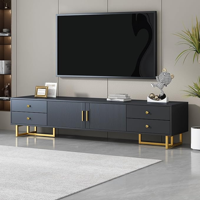 Amposei Modern TV Stand with Drawers for TVs up to 75'', Media Console Storage Cabinet Entertainment Center Furniture for Living Room Bedroom, Gold Metal Legs, 70.9-Inch, Black