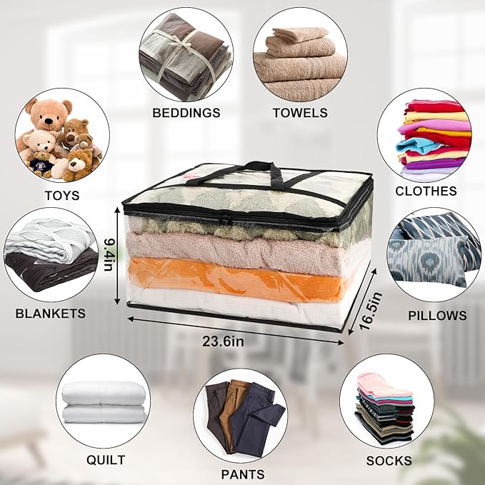 6Pack Clear Blanket Storage Bags, Vinyl Comforter Clothes Storage Closet Organizers and Storage Containers Moving Bags with Reinforced Handle for Bedding, Clothing, Comforters, Pillows, Toys,60L