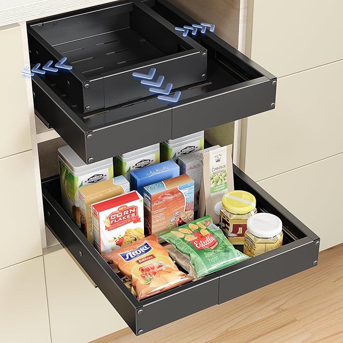 2 Pack Pull Out Cabinet Organizer, Drawers Slide Out Expandable Width (10"-15") and Depth (11"-17") With 3 Slides, Fixed with Adhesive Film and Nail for Cabinets in Kitchen, Pantry or Bathroom - Black